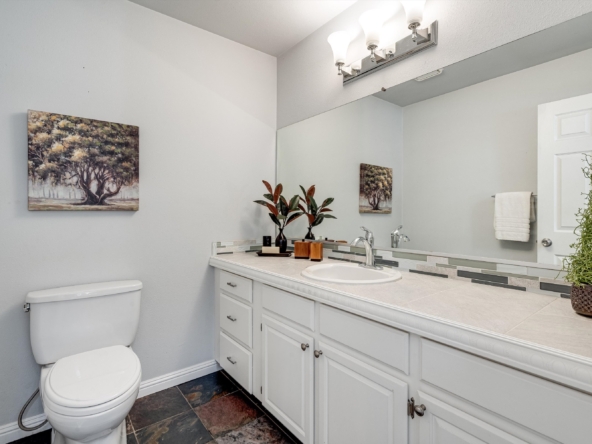 White bathroom with a double-sink vanity, large mirror, and potted plant; wall art of trees on the left wall.