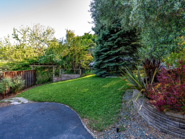 Suburban backyard with a curved asphalt driveway, green lawn, wooden fence, and dense trees and shrubs along a stone retaining wall.