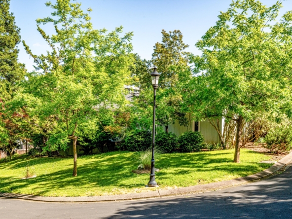 Lamppost in a sunny suburban park surrounded by lush green trees and a neatly mowed lawn by a sidewalk.